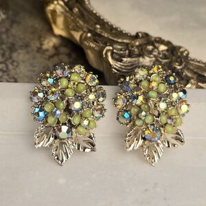 Vintage Green And AB Flower Motif Gold Clip On Earrings.